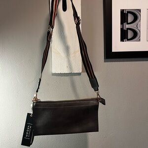 Vegan Leather Crossbody Bag in Dark charcoal gray with Stripe Strap